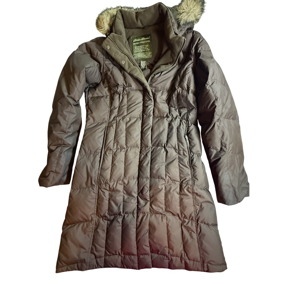 Eddie Bauer Premium Goose Down Parka Brown Faux Fur Hood Puffer Coat Women Small